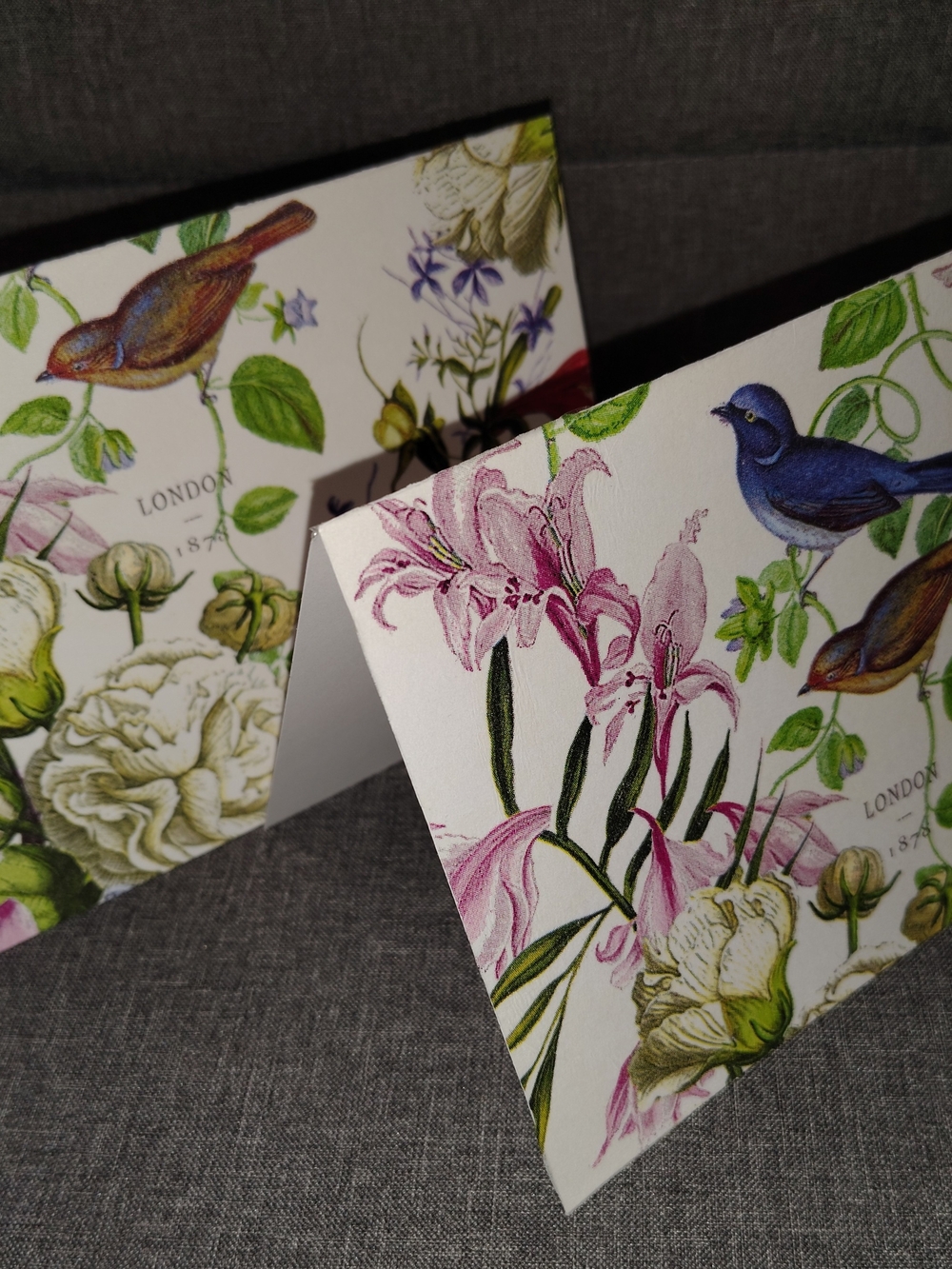 Floral Bird Folded Note Cards with Pink Lilies and Blue Birds